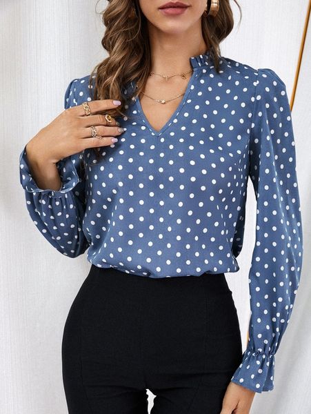 

polka dot print notch neck blouse k7hs#, White