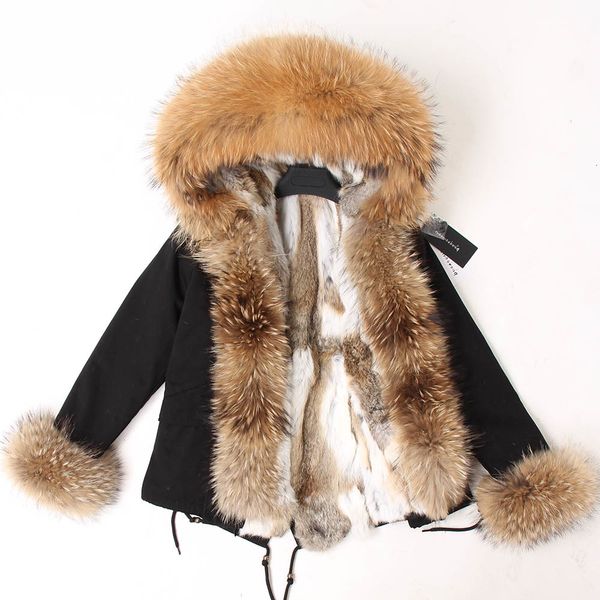

2021 new women short winter parka long coat real rabbit fur outerwear dmcb, Black