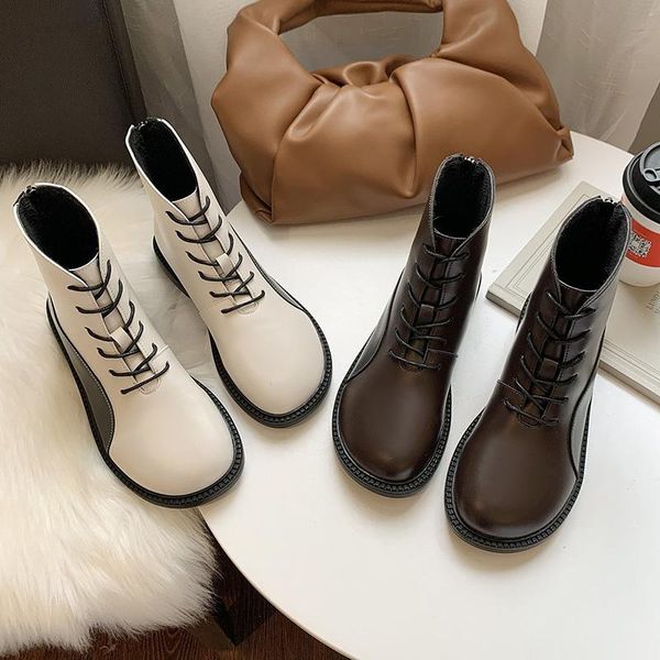 

shoes women's boots autumn boots-women flat heel winter footwear luxury designer round toe lace up 2021 rock ankle low fashion, Black