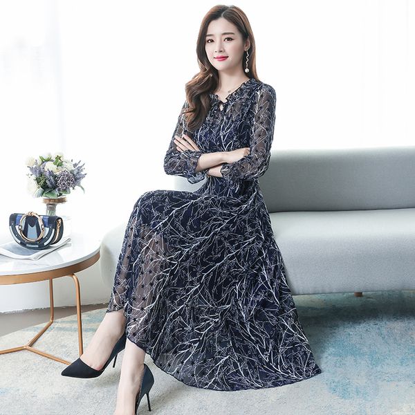 

vintage print chiffon lady maxi dresses autumn winter 3xl plus size long sleeve dress elegant women bodycon party vestidos 201029, Black;gray