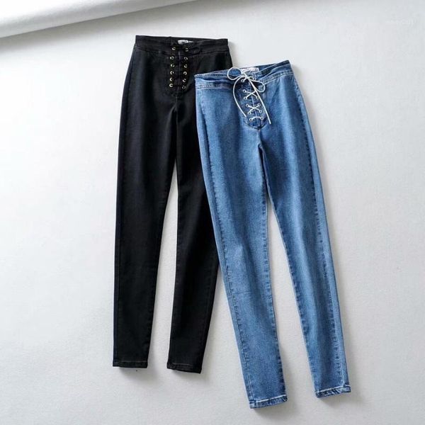 

women's jeans women high waist fashion slim stretch pencil pants black denim jean bodycon lace-up bandage ladies blue skinny r23391