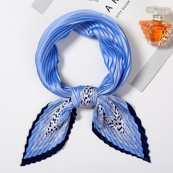 

yishine pleated square scarf small silk neck wear for women crumple stripes leopard crinkle print foulard female handkerchief, Blue;gray