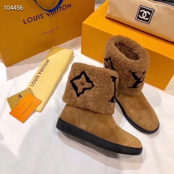 

designer womens boots luxury brown black suede stitching plush letter symbol pattern round head flat heel boots with box size