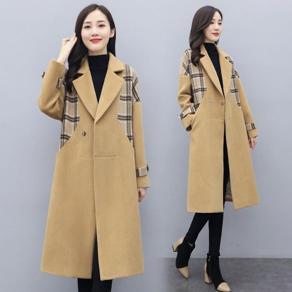 

урожай плед лоскутное женское пальто 2020 элегантный плюс размер длиной кашемировой пальто, Black