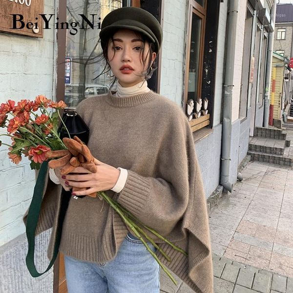 

beiyingni plus size casual sweater for woman cloak shawl knitted loose outwear vintage winter pullovers women sweaters coat fall1, White;black