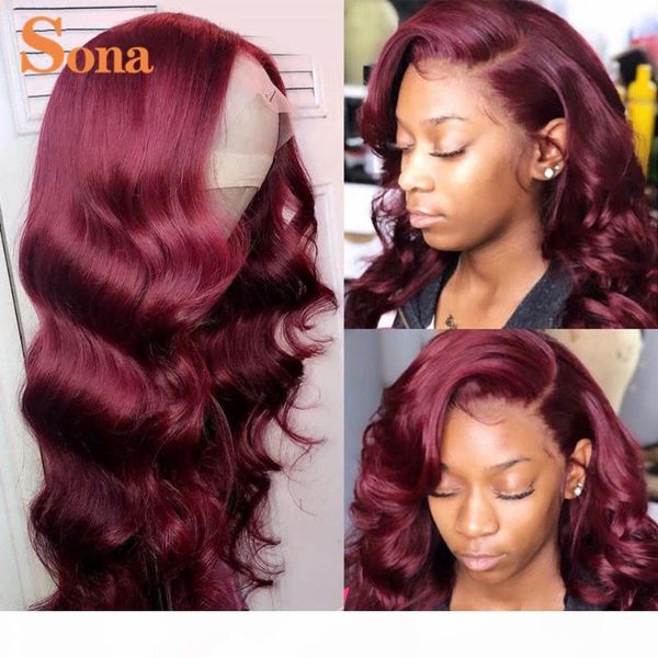 

ombre red lace front wigs human hair body wave transparent colored burgundy lace frontal wigs for women wavy, Black;brown