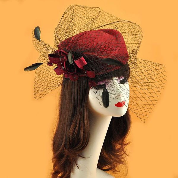 

retro veil stewardess cap fedora hat female fashion solid wool vintage hats for women british style of beret, Blue;gray