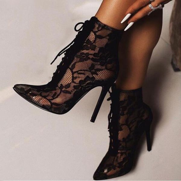 

boots black mesh women's fashion pointed toe lace-up high heels women transparent ankle female sandals pumps dress