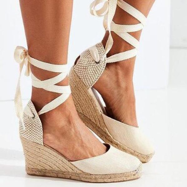 

sandals rimocy women's wedges espadrille summer 2021 ankle cross strap gladiator female casual canvas pumps shoes1, Black
