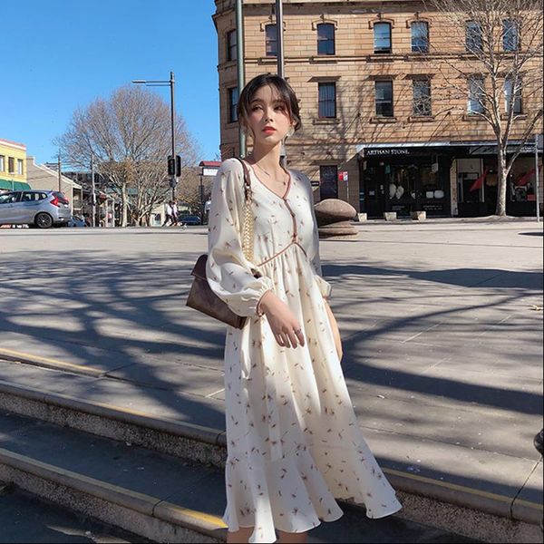 

mishow 2021 women autumn chiffon floral dress v neck long sleeve mid length elegant printed dresses female vestidos mx19c1444, Black;gray