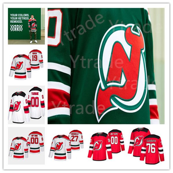 

new jersey devils 2020-21 обратный ретро хоккей джерси 19 доусон мерсер джек хьюз п.к. subban cory schneider corey crawford мухамадуллин, Black;red