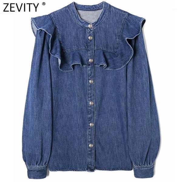 

zevity women vintage o neck ruffles denim blouse office ladies long sleeve breasted business shirt chic femme blusas ls73841, White
