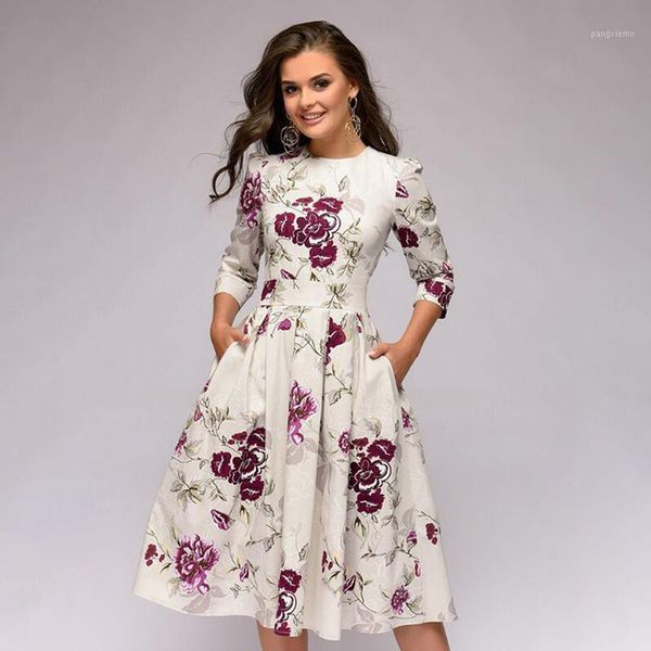 

elegant vintage a line swing dress tunic women floral print high waist empire 3/4 sleeve robe evening party dress vestidos1, Black;gray