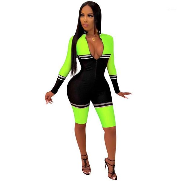 

2020 women fashion stripe patchwork zipper jumpsuit autumn casual skinny rompers long sleeve v-neck playsuit bike wear1, Black;white