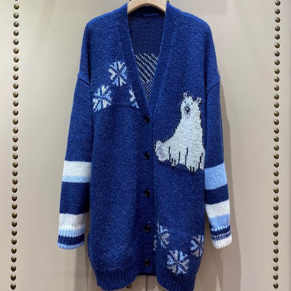 

grand designer cardigans sweater for women v-neck long sleeve polar bear print knitted long coat for lady 2020 h1211, White;black