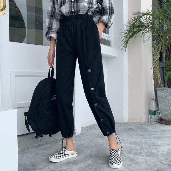

casual pants women's spring dress 2021 new korean loose high waist and thin drawstring hem harun nine point overalls fashion, Black;white