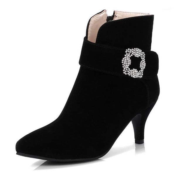

oversized wine glasses and pointed side zip high-heeled women's boots beautiful rhinestone appliques frosted fabric 2020 boots1, Black