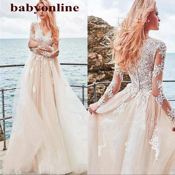 

vintage lace long sleeve bridal wedding dresses summer beach boho tulle v neck appliques buttons back bridal gowns bm1521, White