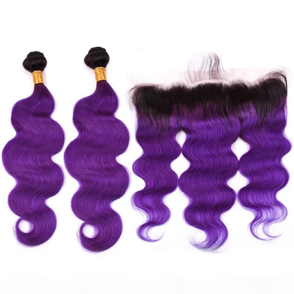 

#1b purple ombre body wave human hair 2bundles with 13x4 lace frontal 3pcs lot ombre purple indian virgin hair wefts with frontal closure, Black