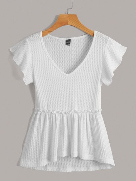 

butterfly sleeve waffle knit peplum g3of#, White