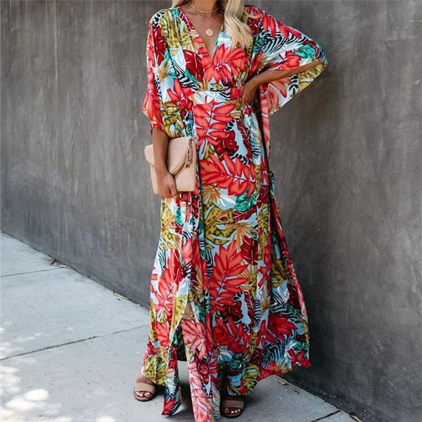 

2020 red bohemian floral printed half length bats sleeve summer beach wrap dress cotton tunic women beachwear long dress n944, Black;gray
