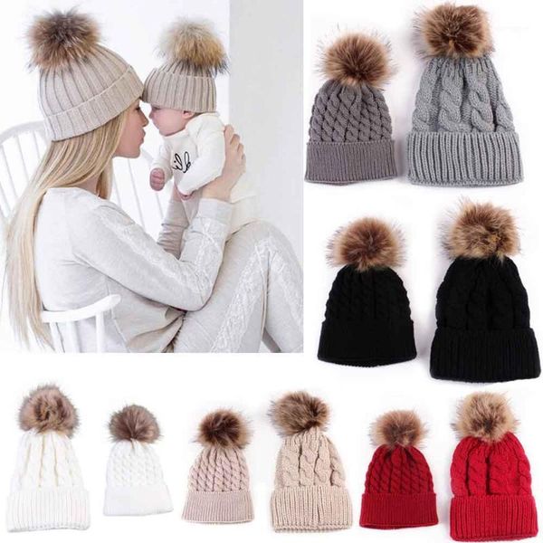 

Fashion caps Mom And Baby Knitting Keep Warm Hat Fur Pompons Crochet Hat Ear Protect Casual Cap Chapeu Feminino hot1, Blue;gray