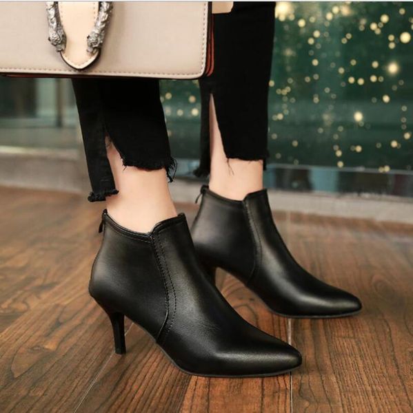 

boots winter women pointed high heels thin heel short shoes simple ankle black work