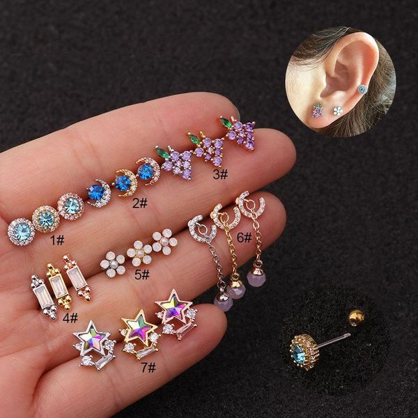 

1pcs fashion multiple colors cz cartilage stud earrings for women star moon tragus earring ear piercing jewelry, Golden;silver