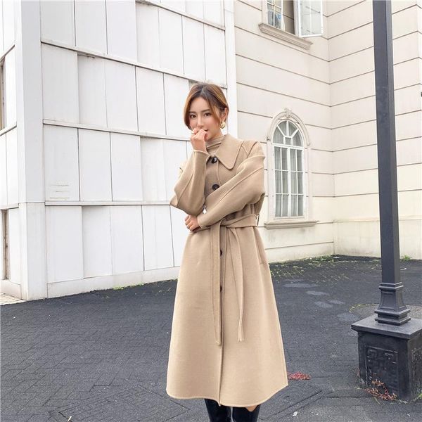 

2020 winter new korean version of double-sided cashmere coat female pure color lapel wool long temperament coat female x045, Black