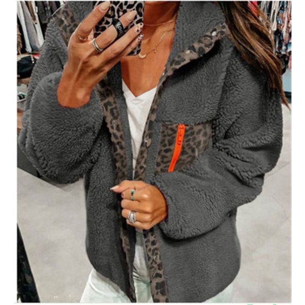

ladies leopard splicing coats fashion trend long sleeve all-match fleece outerwear designer female winter new casual thicken warm coats, Black;brown