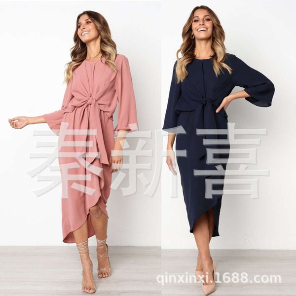 

new solid color waist bow 2019 long sleeve elegant evening drs 7013, Black;gray