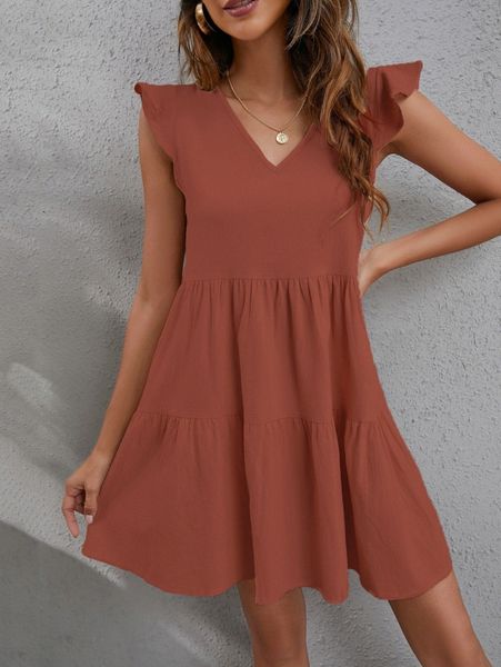 

v-neck ruffle trim smock dress j2fu#, Black;gray