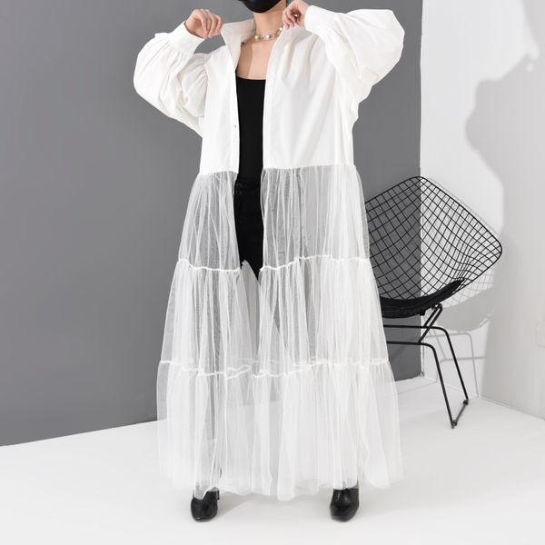 

[eam] women white mesh split big size long dress new stand collar long sleeve loose fit fashion tide spring autumn 2020 lj201203, White;black