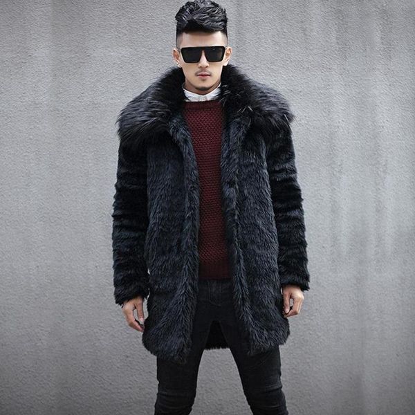 

s-5xl new fashion men winter clothes men faux fur coat with thick warm overcoat long trench coat, Black