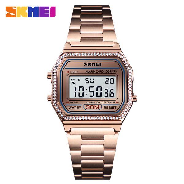 

skmei brand watch women digital wristwatches stainless steel band led digital watch square sport watches women relogio masculino, Slivery;brown