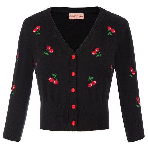 

women jackets cardigans autumn spring cherries embroidery jumpers 3/4 sleeve v-neck cropped knit coat knitwear, Black;brown