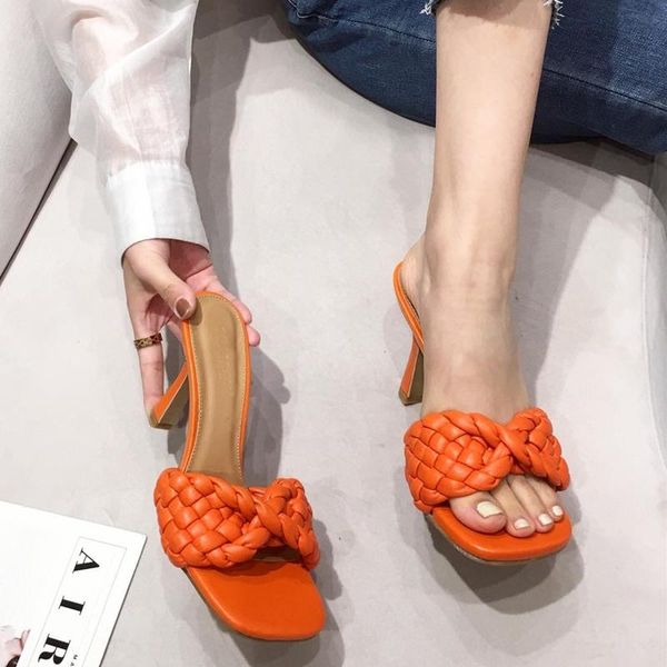 

muti-color new designed cross braid band square toe high heeled slippers women summer cool sandals, Black