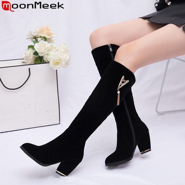 

boots moonmeek big size 34-43 knee high women round toe flock heels ladies fashion prom autumn winter 2021, Black