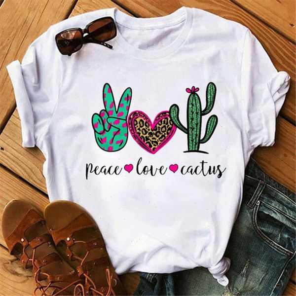 

cartoon peace love cactus printed tee summer new fashion women tshirt harajuku t shirt female cute graphic t shirts, White