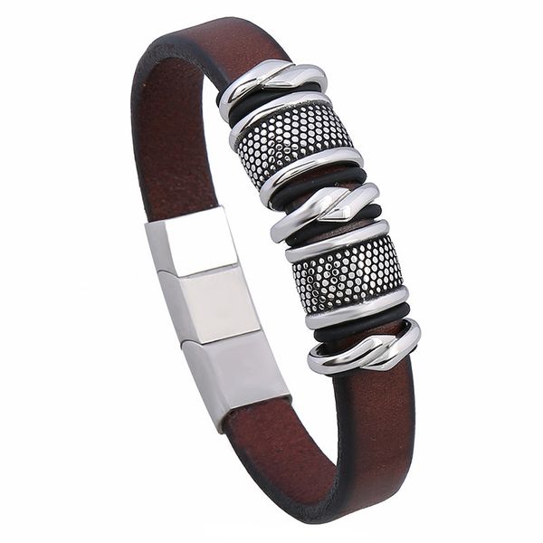 

punk stainless steel magnetic buckle leather bracelet simple men's titanium steel leather bracelet, Silver