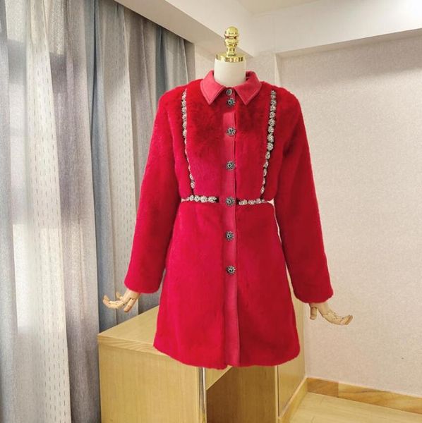 

new autumn winter luxury diamond stitching faux fur coat women fashion slim waist mid-length party fur coat s373, Black