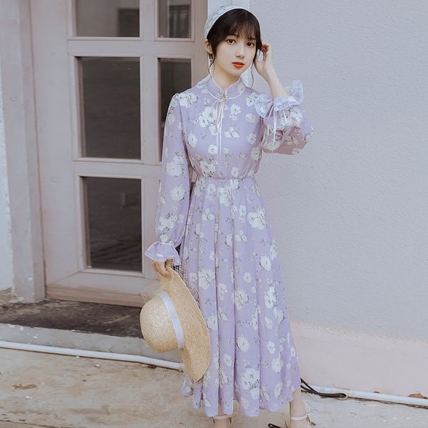 

floral impression long chiffon female 2021 elegant spring improved cheongsam feminine dress vintage calf mid-purple o007, Black;gray