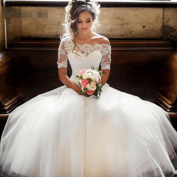 

illusion off the shoulder princess wedding dresses 2021 with short sleeves lace tulle ball gown robe de mariee boho wedding gowns, White