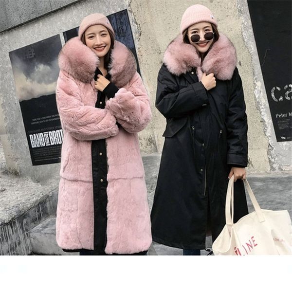 

women waterproof parka real fur coat winter jacket women natural raccoon fox fur collar hood thick liner outerwear x-long 201103, Black