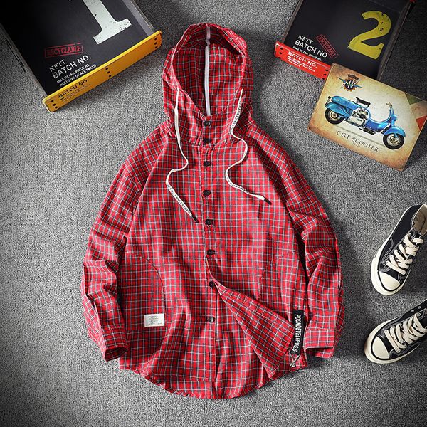 

new hip hop streetwear punk style casual plaid shirt men's long sleeve 2021 with hooded pjsy, White;black