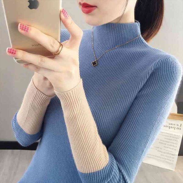 

spring autumn womens knitted sweater fashion half turtleneck contrast color breathable slim soft cozy sweaters female all-match, White;black