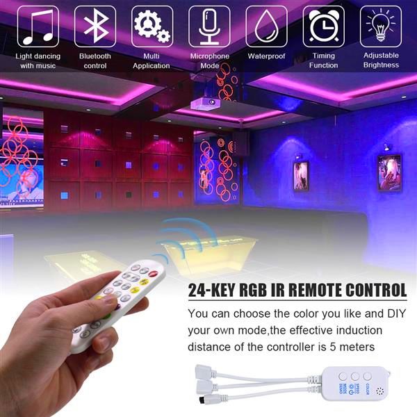 Entrega rápida 5m LED Luzes RGB Tiras Fita Fita Fita 150 LEDs SMD5050 Waterproof Bluetooth Controller + 24key Controle Remoto