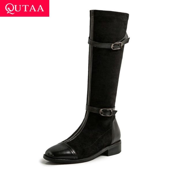 

boots qutaa 2021 women knee high square heel pu leather winter keep warm short buckle lace up shoes size 34-43, Black