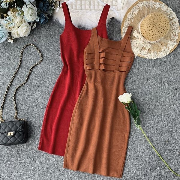

oceanlove solid knitting vintage summer dress stretch hollow out slim vestidos 2020 elegant bodycon fahsion dresses 12239 y200418, Black;pink