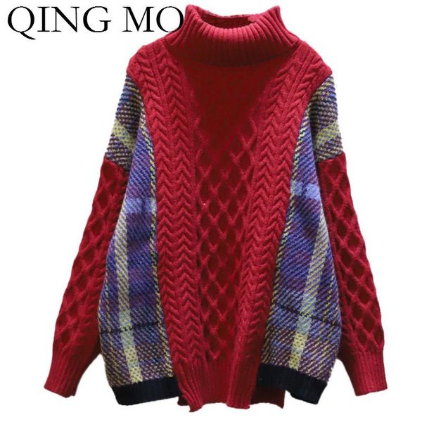 

women's sweaters qing mo red khaki apricot blue women turtleneck sweater 2021 plaid patchwork female knitted zqy5949, White;black